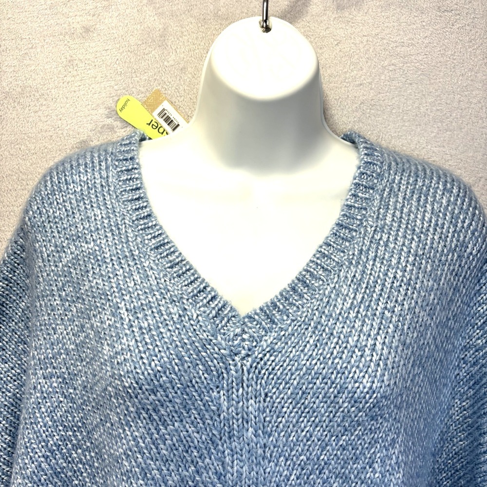 NWT Fieldgear Poncho Sweater Womens One Size Blue Fringe VNeck Holiday Cozy Knit - Picture 3 of 12